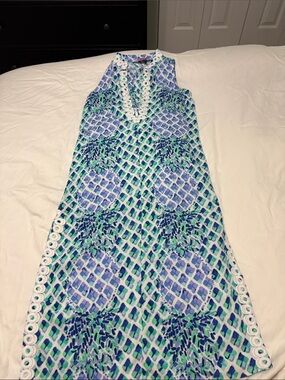 Lilly Pulitzer Blue Green Geometric Print Shift Dress with White Trim